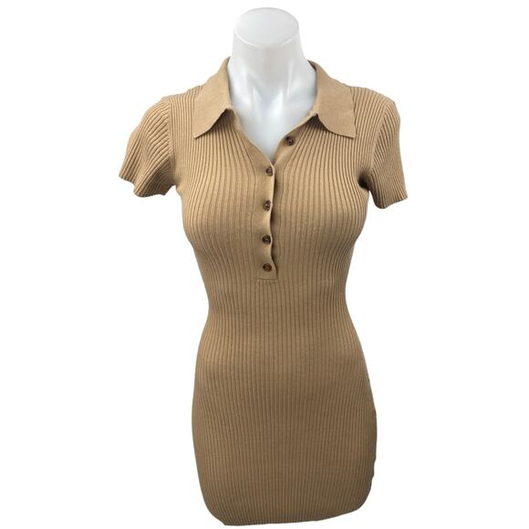 Tiger Mist Tan Ribbed Knit Short Sleeve Polo Sculpt Mini Sweater Dress Size XS - Picture 1 of 4